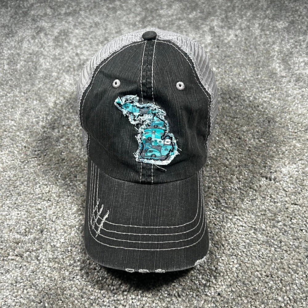 Michigan Camper Patch Trucker Hat Distressed Grey Mesh Snapback Cap One Size
